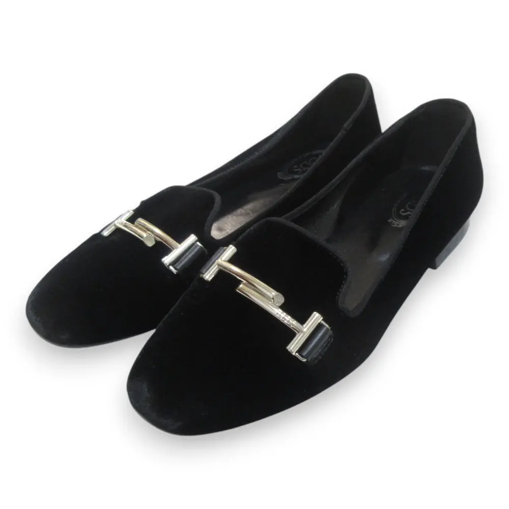 TOD'S トッズ ダブルT ベロアローファー パンプス 34 約21cm ブラック×シルバー金具