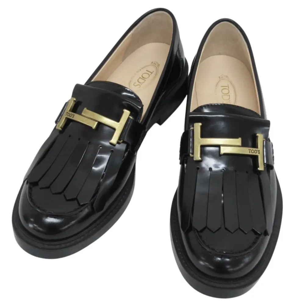 TODS ブラックレザー ローファー フリンジ付き TOD'S トッズ ダブルT フリンジ付き レザーローファー 37/24cm相当