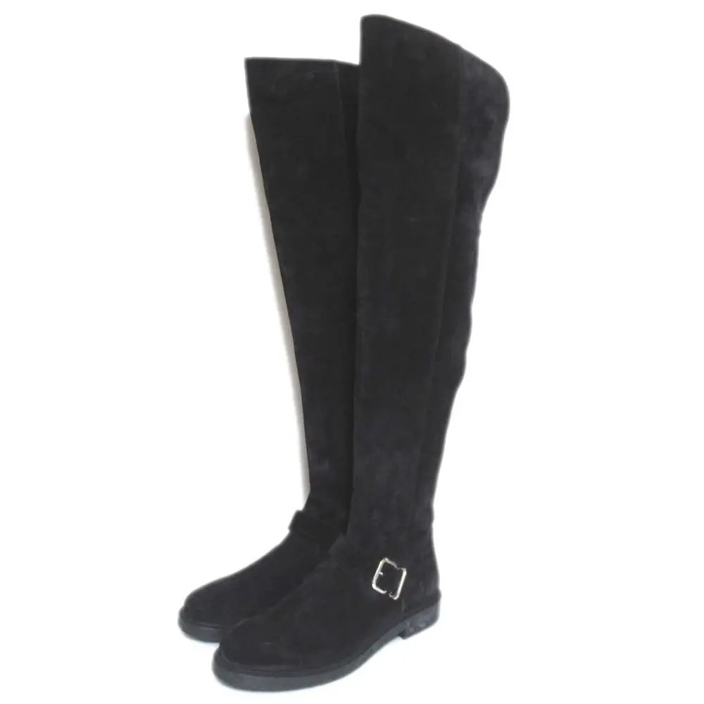 TOD'S トッズ スエードレザー 折り返し ニーハイブーツ ロングブーツ 40.5 27.5cm相当 大きいサイズ ブラック シルバー金具