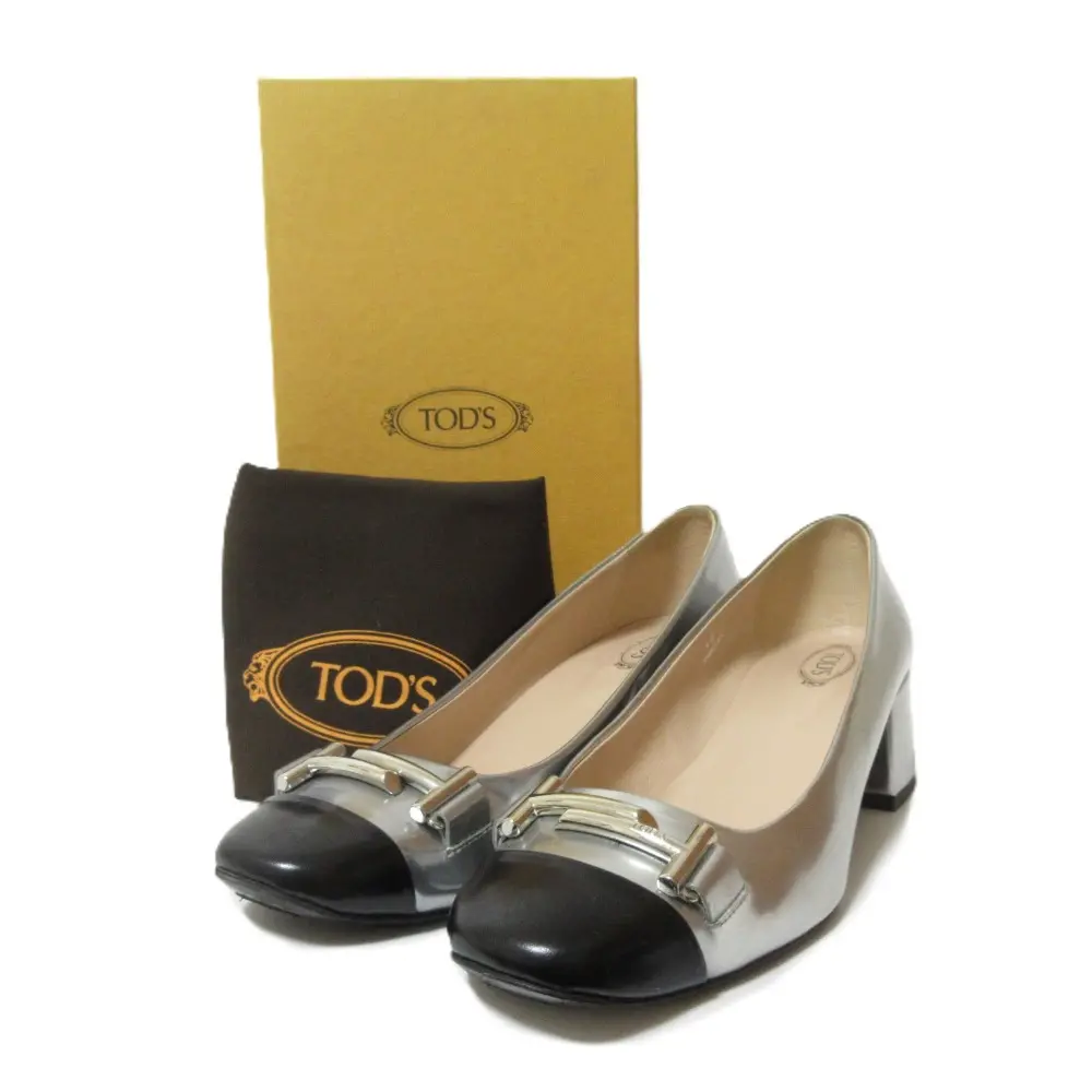 TOD'S トッズ ダブルT パテントレザー バイカラー キャップトゥ パンプス 大きいサイズ 40 約27cm シルバー×ブラック