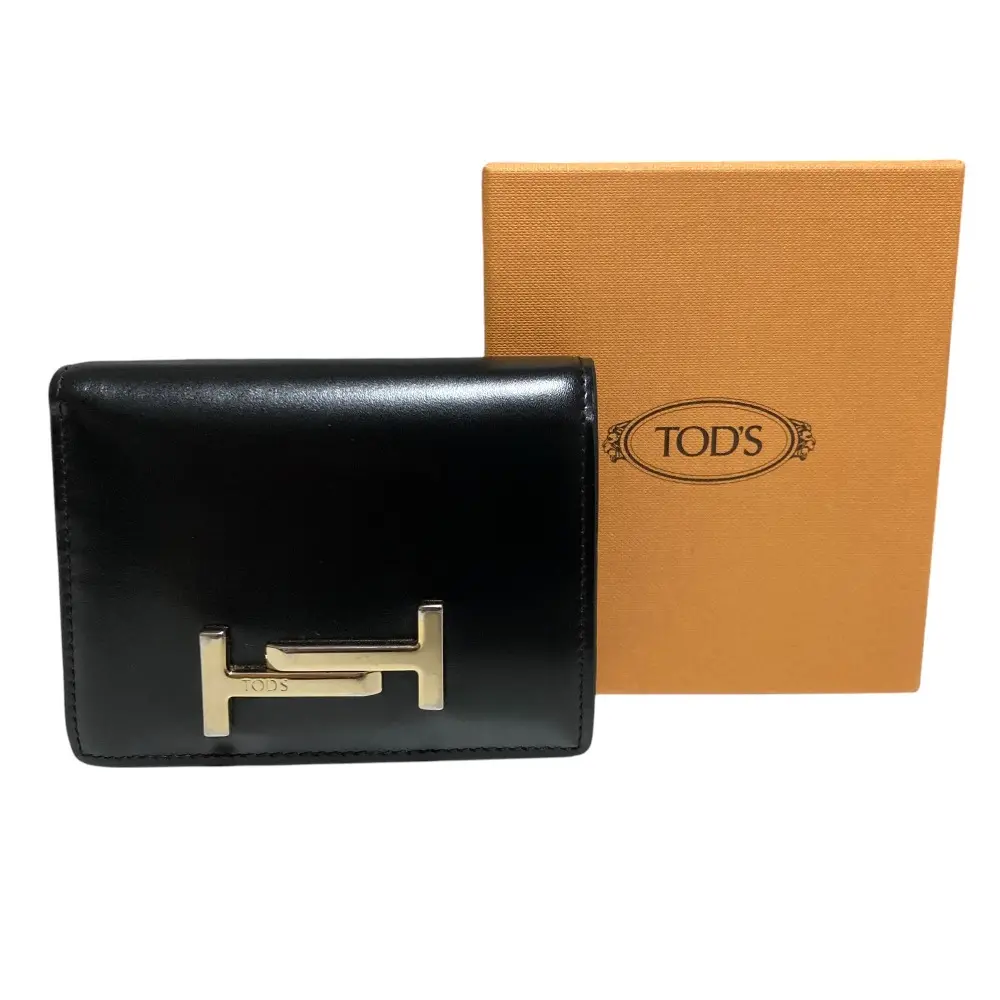 TOD'S トッズ ダブルT TT メタルプレート レザー コンパクト ウォレット 二つ折り 財布 ブラック