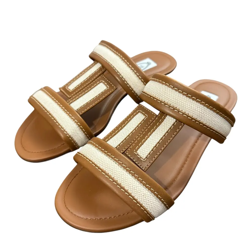 TOD'S トッズ レザー×キャンバス ダブルT フラットサンダル サイズ34 約21cm ブラウン×アイボリー