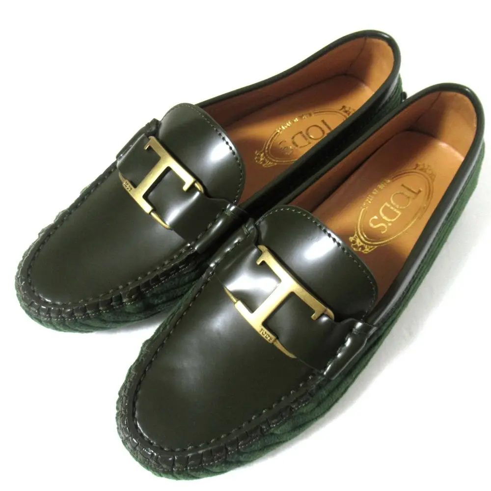 TOD'S トッズ Tタイムレス ゴンミーニ レザー×コーデュロイ ローファー ドライビングシューズ 36 約23cm グリーン系