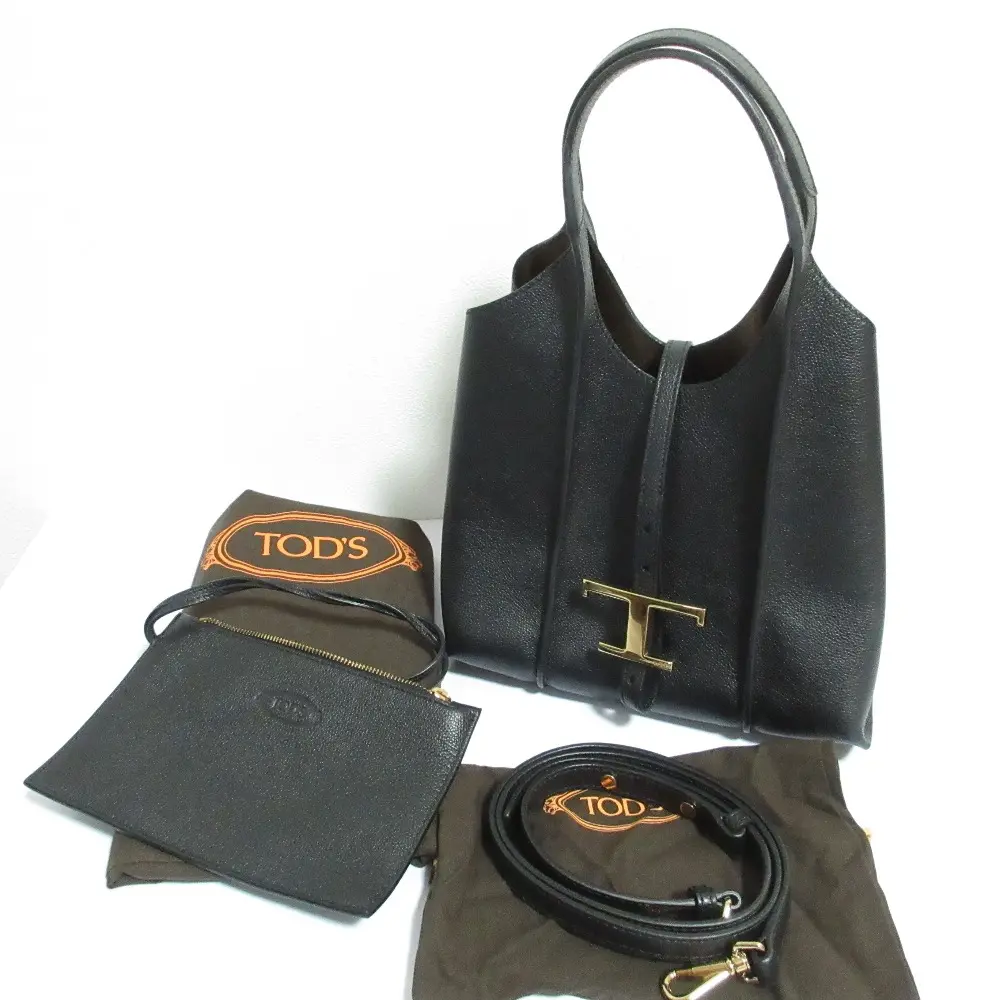 TOD'S トッズ T タイムレス レザーショッピングバッグ ミニ ハンドバッグ ショルダーバッグ ブラック