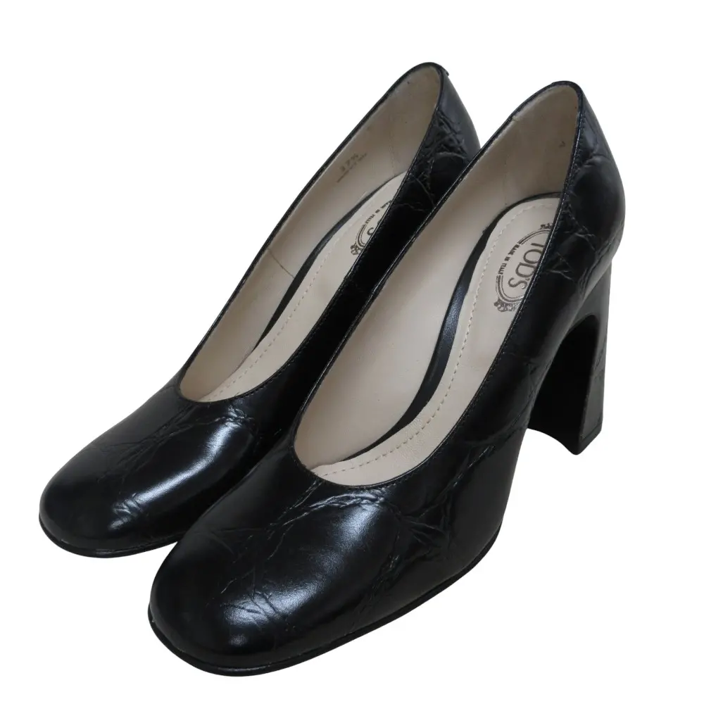 TOD’S トッズ 型押しレザー チャンキーヒール パンプス サイズ37 1/2 24.0cm相当 ブラック