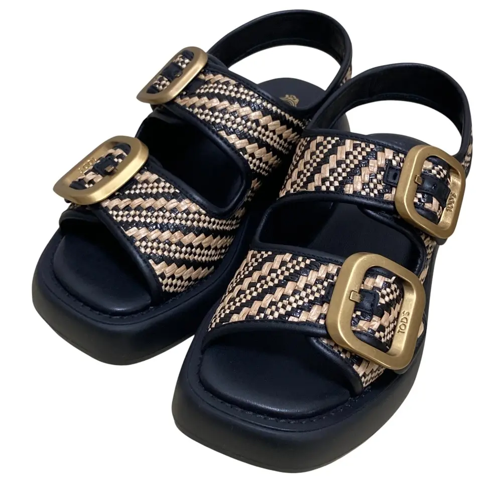 24SS TOD'S トッズ イタリアンガーデン ケイト モチーフ ダブルバックル サンダル サイズ34 1/2 約21.5cm ブラック×べージュ