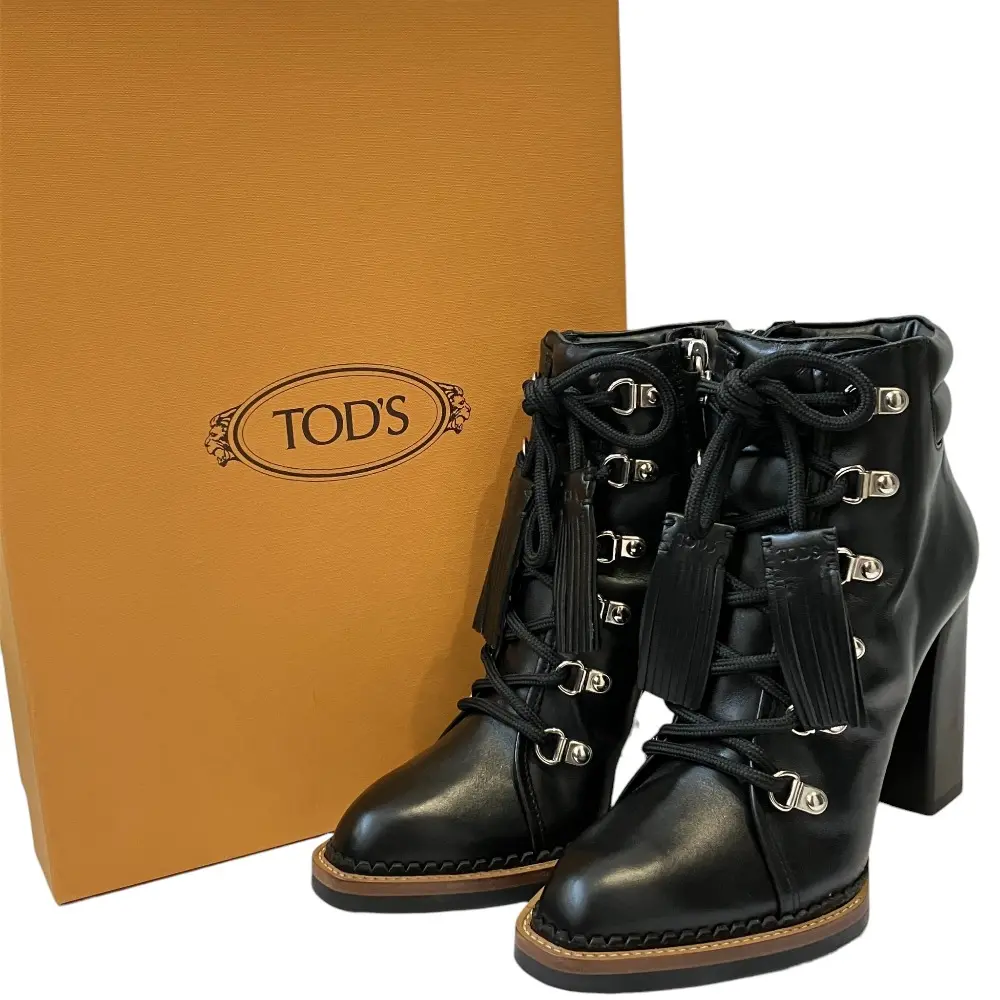 TODS トッズ レースアップ タッセル サイドジップ ショートブーツ 37 ブラック