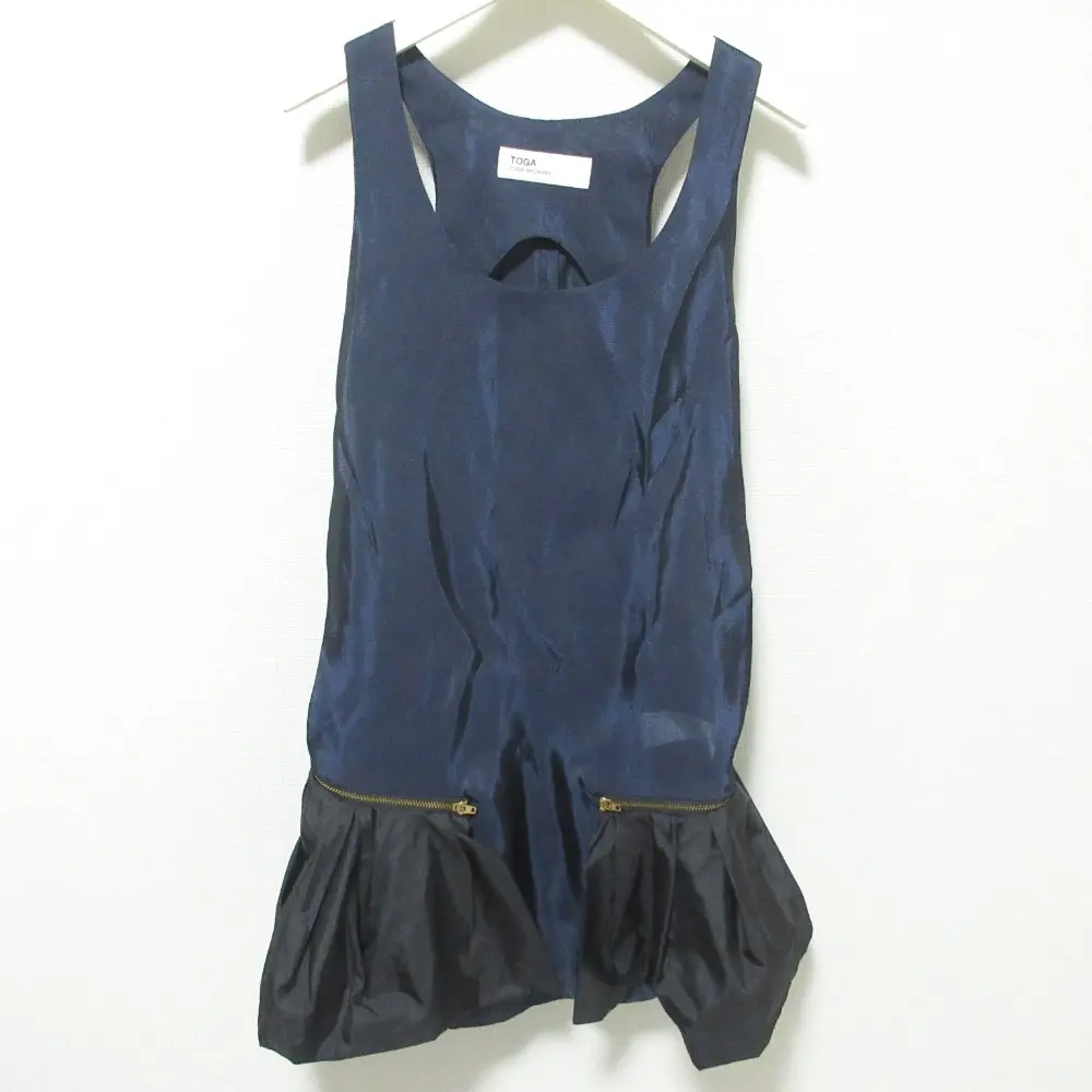 TOGA トーガ ARCHIVES シルクブレンド フリルヘム ノースリーブメッシュトップス ブラウス 1 ネイビー×ブラック