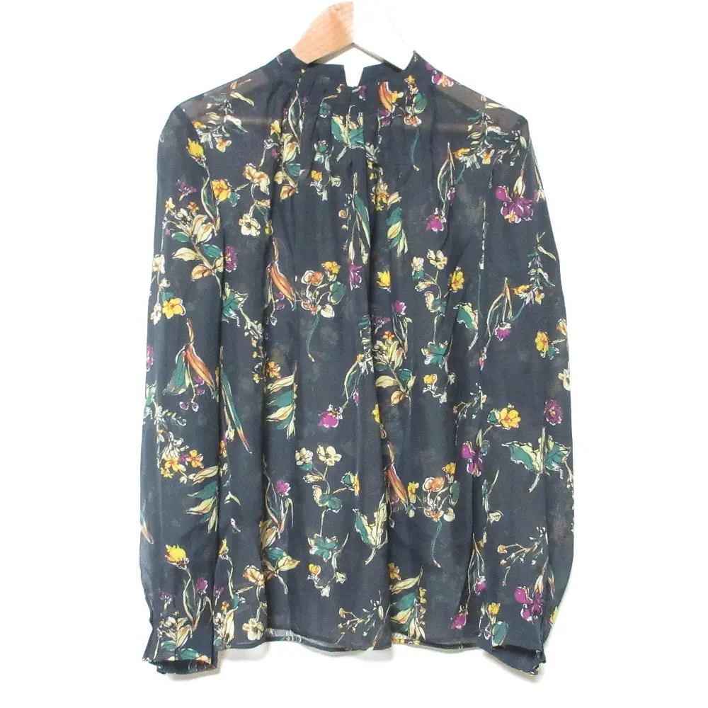 TOMORROWLAND collection トゥモローランドコレクション シルクフラワープリント ギャザーネックブラウス 36 ブラック