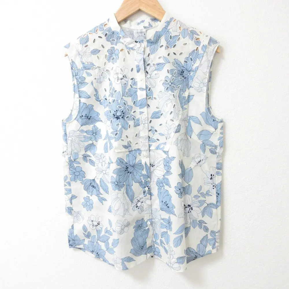 24SS TOMORROWLAND トゥモローランドコレクション モノフラワーエンブロイダリー ボザムノースリーブブラウス サイズ36 ブルー系