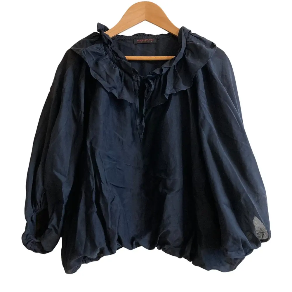 22SS TOMORROWLAND トゥモローランドコレクション コットンシルク ラッフルカラーブラウス サイズ36 ネイビー