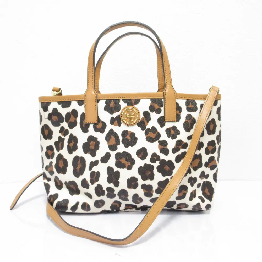 TORY BURCH トリーバーチ レオパード柄 PVCコーティング ポーチ付き 2way ハンドバッグ ショルダーバッグ オフホワイト×キャメル