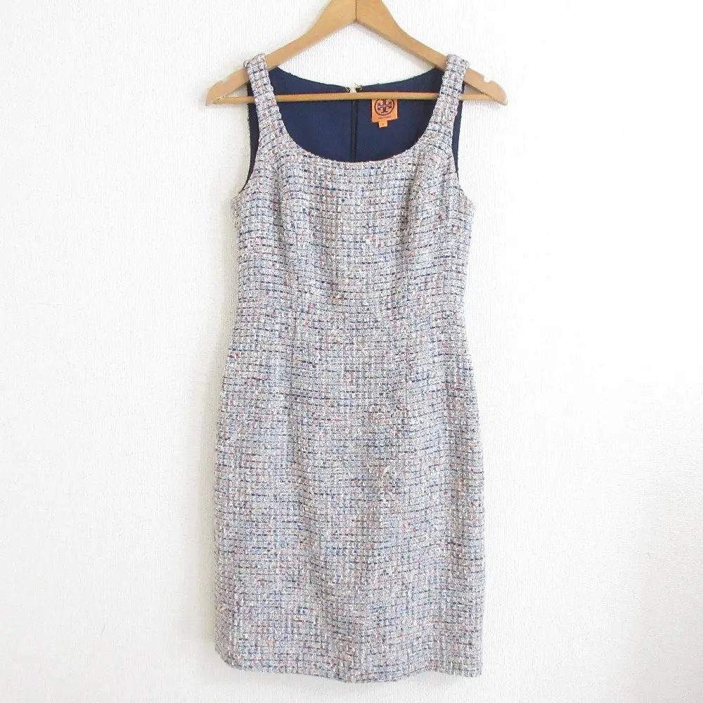 TORY BURCH トリーバーチ ミックスツイード ひざ丈 ノースリーブ タイトワンピース ドレス 2 ネイビー系 マルチカラー