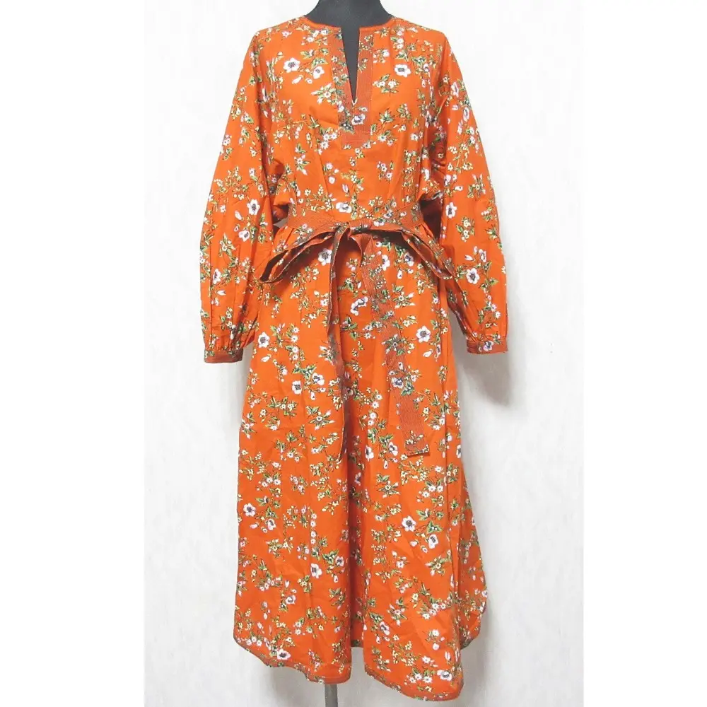 TORY BURCH トリーバーチ フラワープリント 花柄 スリットネック 長袖 ロングワンピース 2 オレンジ