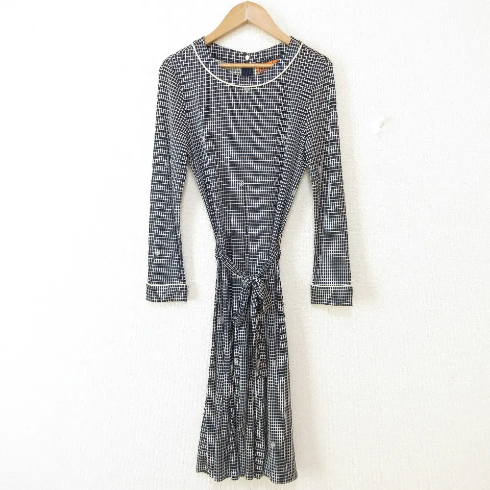 TORY BURCH トリーバーチ シルク100％ 格子柄 ロゴ 長袖 ひざ丈 ベルテッド ワンピース ドレス S ネイビー