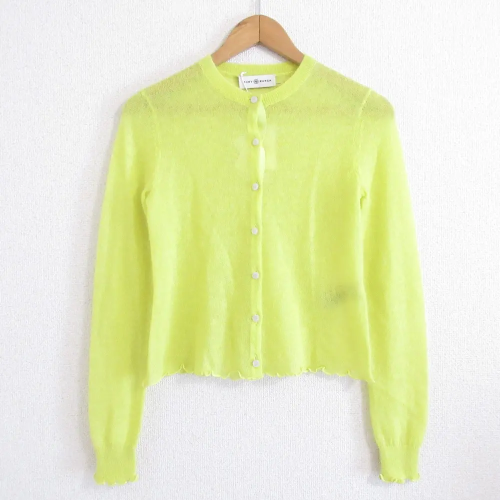 TORY BURCH トリーバーチ SHEER CREWNECK CARDIGAN モヘアブレンド 長袖 クルーネック シアーニット カーディガン S イエロー