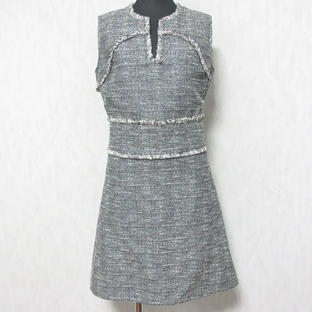 TORY BURCH トリーバーチ フリンジ スリットネック ノースリーブ ひざ丈 ツイードワンピース ドレス 2 ブルー系