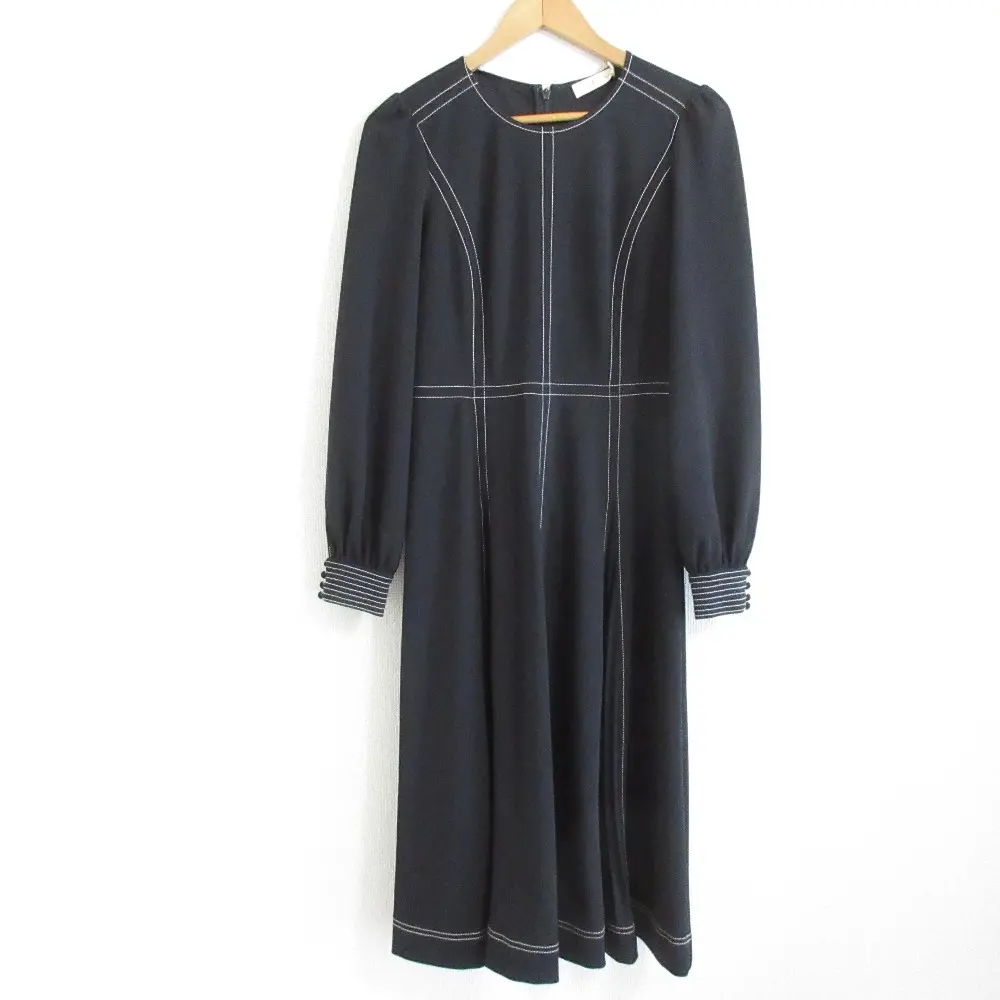 TORY BURCH トリーバーチ 配色ステッチ 長袖 ロング マキシ丈 フレアワンピース ドレス S ブラック
