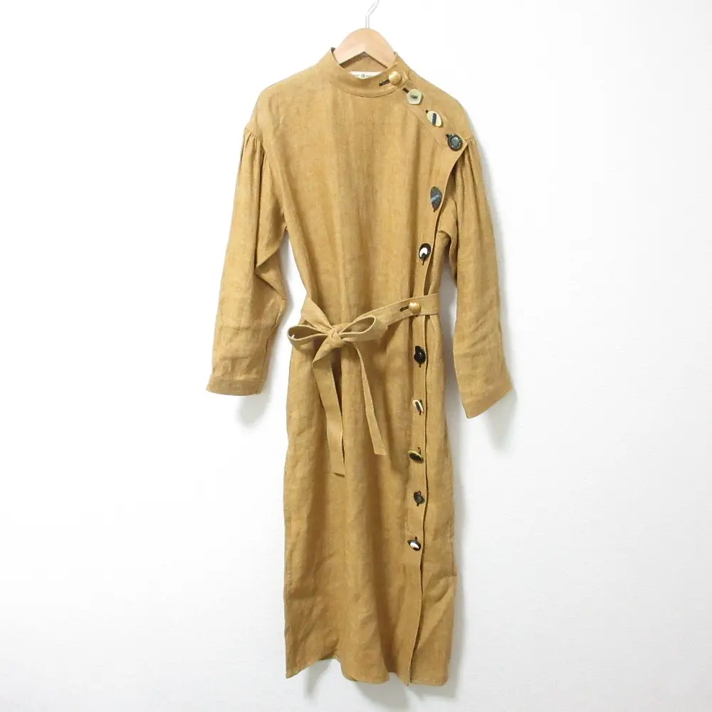 Tory Burch トリーバーチ マルチボタン リネン ドレス 長袖 ハイネック ロング丈 マキシ丈 Iライン ベルテッド ワンピース 2