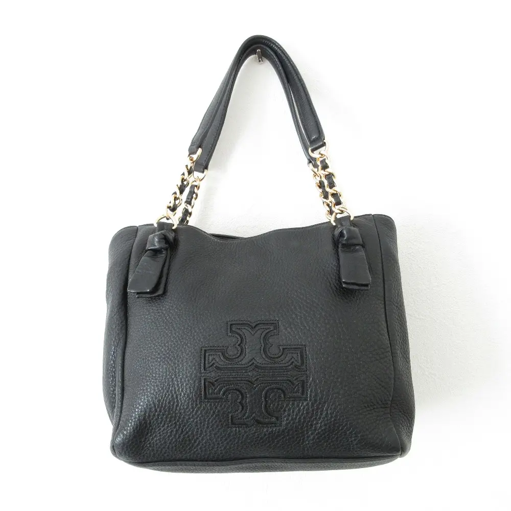 TORY BURCH トリーバーチ Harper Small Satchel ハーパー レザー ロゴ チェーン トートバッグ ブラック×ゴールド金具