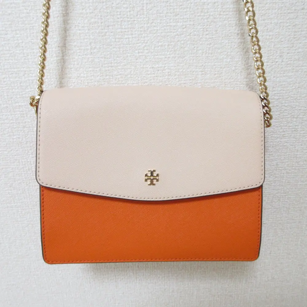 TORY BURCH トリーバーチ ロビンソン サフィアーノレザー バイカラー チェーンショルダーバッグ オレンジ×ベージュ