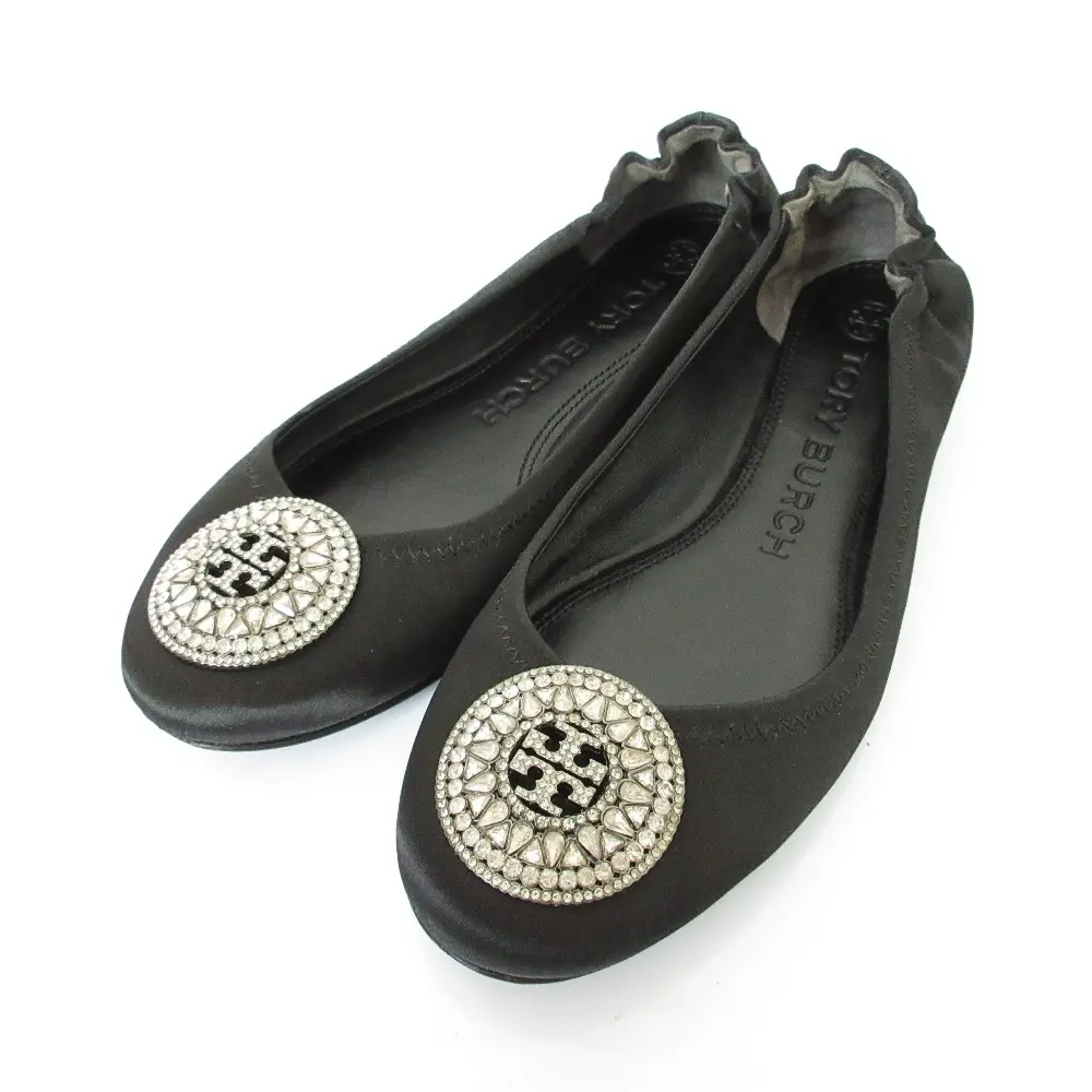 TORY BURCH トリーバーチ サテン ビジュー ラウンドトゥ バレエシューズ フラット パンプス 5.5M 22.5cm相当 ブラック