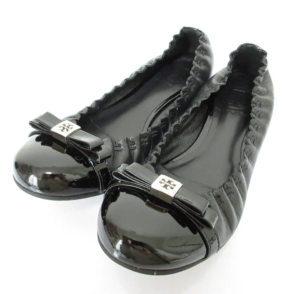 TORY BURCH トリーバーチ エナメル メタルプレート リボン スカラップ バレエシューズ パンプス 6.5M 23.5cm相当 ブラック