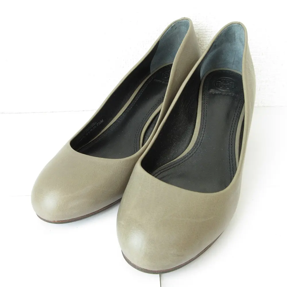 TORY BURCH トリーバーチ レザー チャンキーヒール ラウンドトゥ パンプス 7.5M 24.5cm相当 グレー カーキ