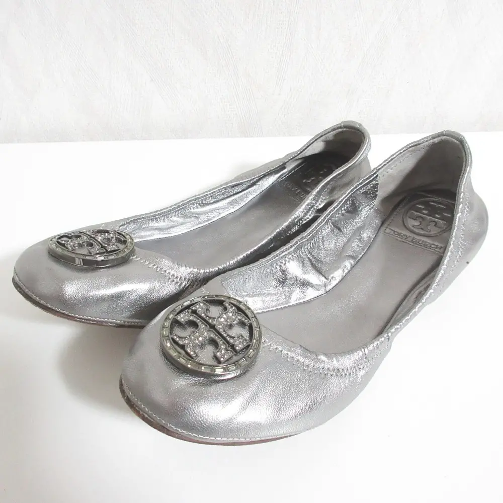 TORY BURCH トリーバーチ ビジューロゴ レザー バレエシューズ フラット パンプス 7.5M 24.5cm相当 シルバー