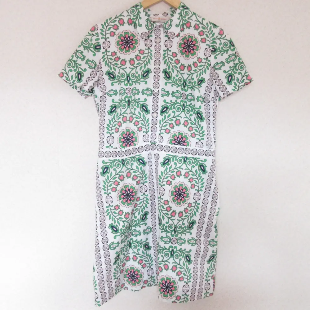 Tory Burch トリーバーチ Garden Party フラワープリント 半袖 ひざ丈 シャツワンピース 8 ホワイト×グリーン