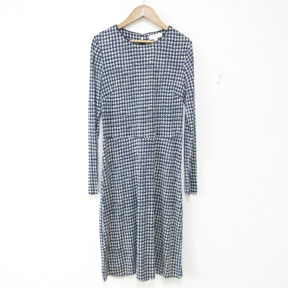 TORY BURCH トリーバーチ 総柄 ストレッチ シルク100% 長袖 ひざ丈 ワンピース S ネイビー