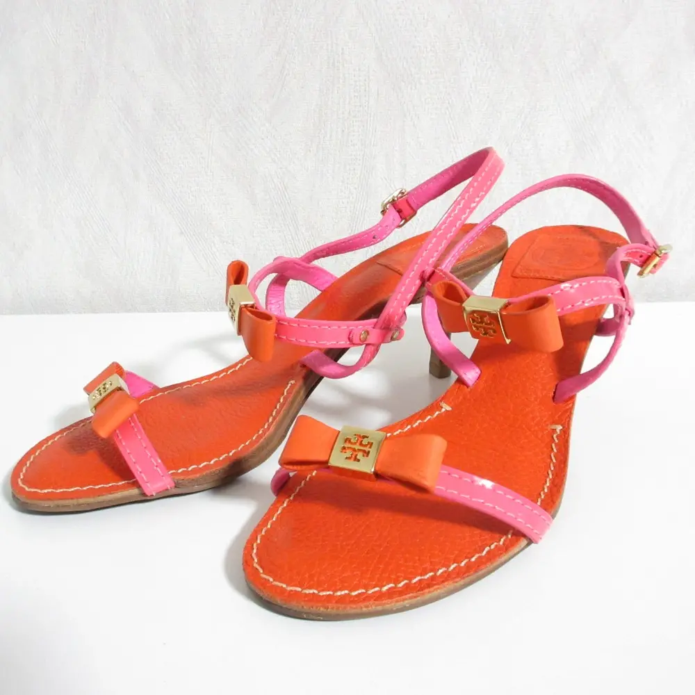 TORY BURCH トリーバーチ レザー リボンモチーフ ストラップ サンダル 7M 24cm ピンク×オレンジ