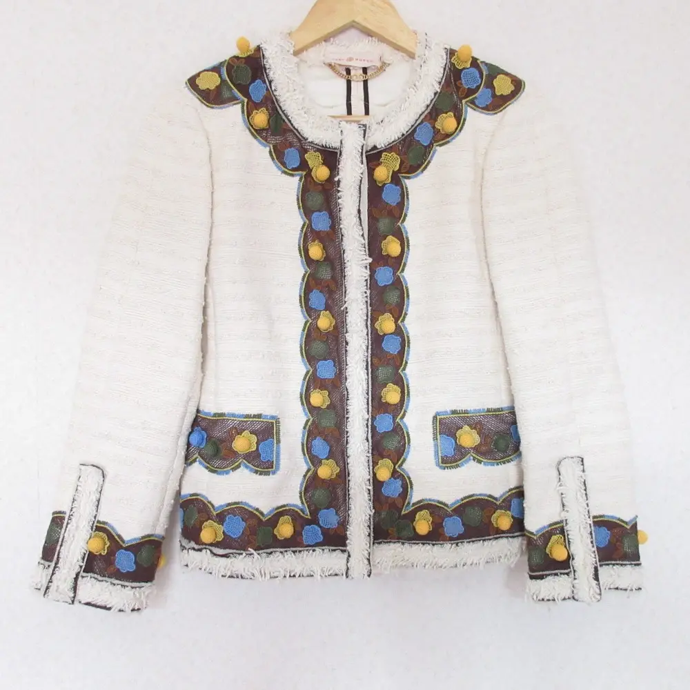 Tory Burch トリーバーチ フラワーモチーフ ノーカラー ツイードジャケット 2 オフホワイト