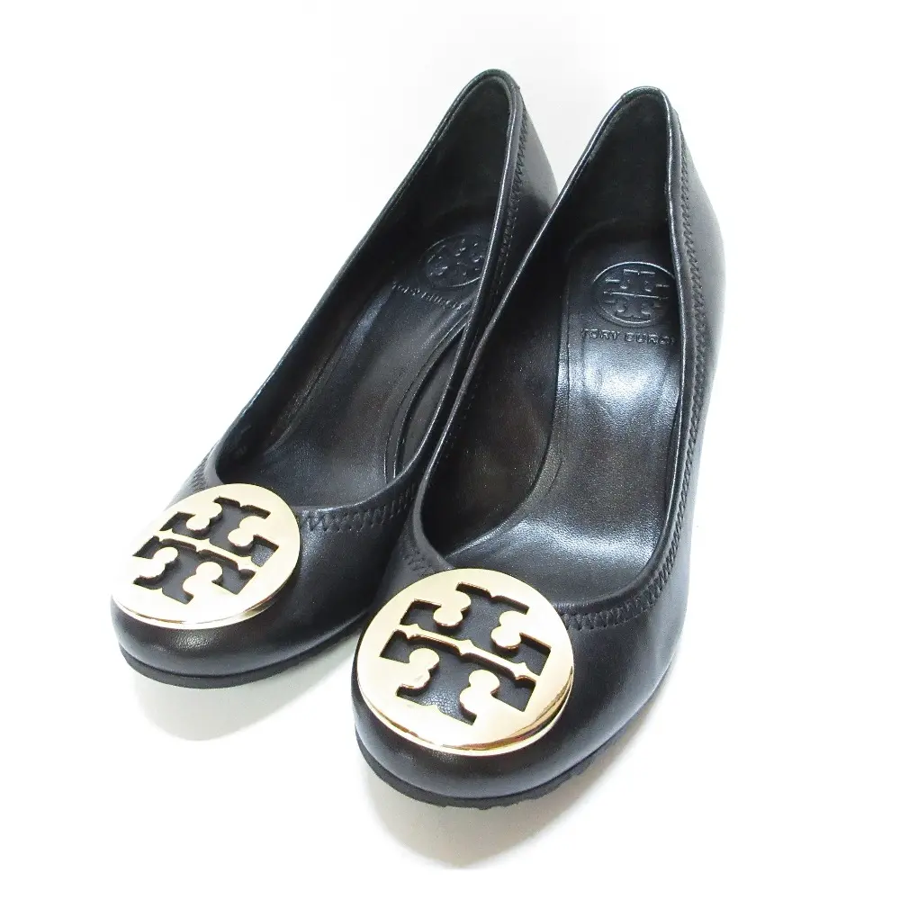 TORY BURCH トリーバーチ レザー ダブルTロゴ ラウンドトゥ ウェッジソール パンプス 5M 22cm ブラック