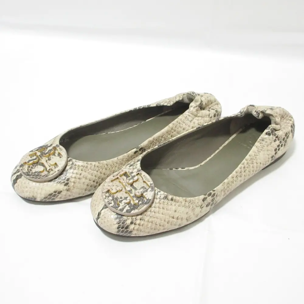 TORY BURCH トリーバーチ パイソン型押し レザーフラットバレエシューズ パンプス 7 約24cm ベージュ