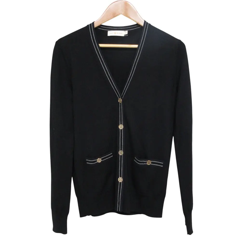 TORY BURCH トリーバーチ ロゴ金ボタン メリノウール Vネック ニット カーディガン XS ブラック