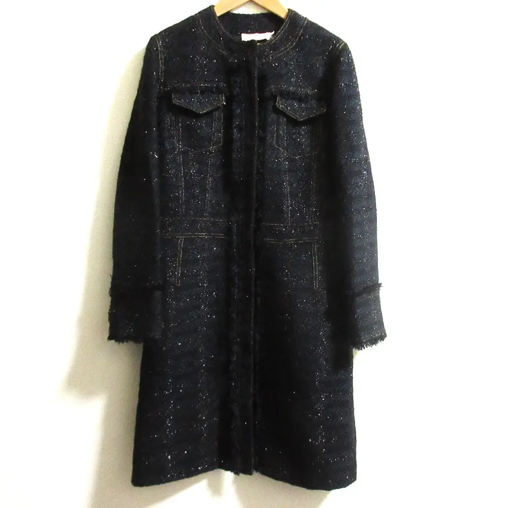 TORY BURCH トリーバーチ ノーカラー ツイードコート ロングコート サイズ2 ネイビー