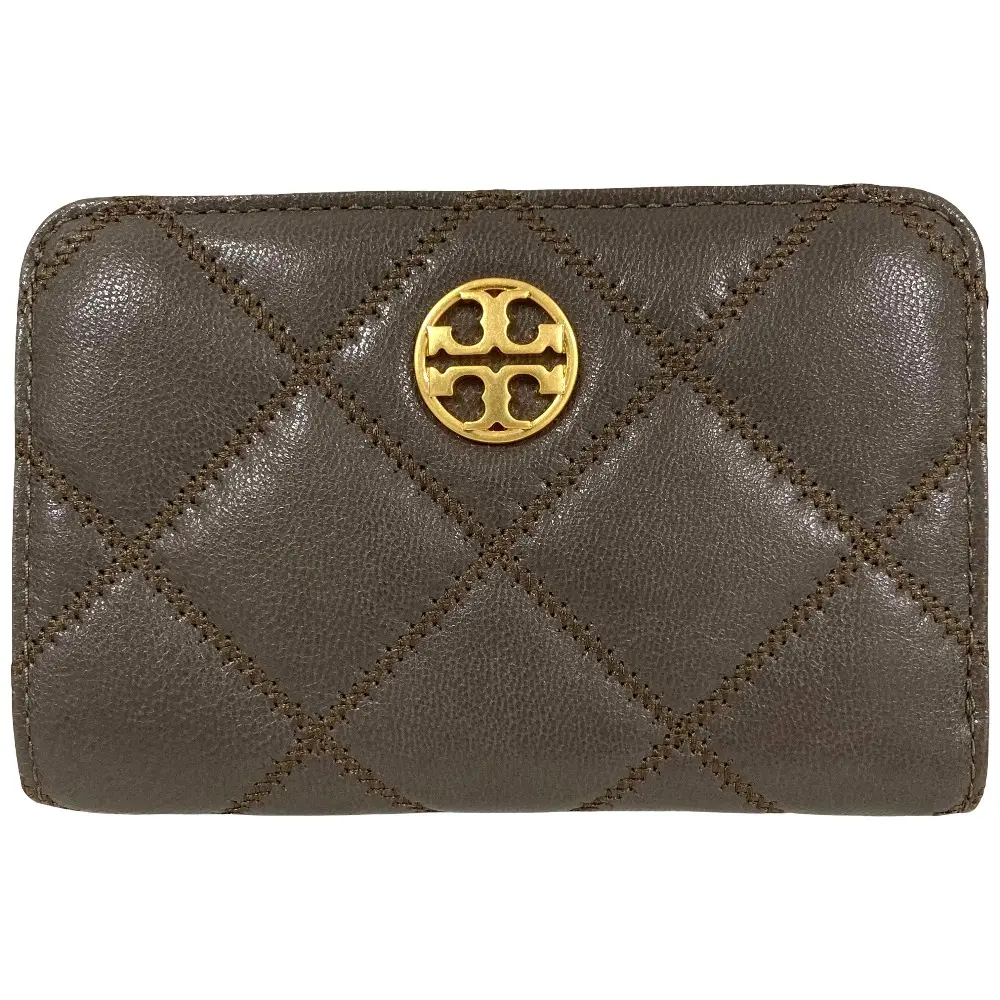 TORY BURCH トリーバーチ ウィラ ロゴプレート キルティング レザー 2つ折り財布 ウォレット カードケース グレージュ