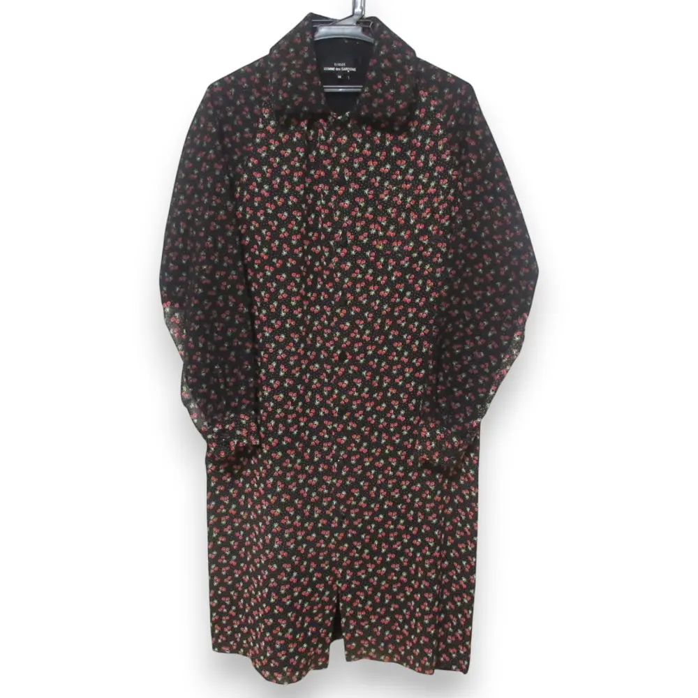 AD2012 tricot COMME de GARCONS トリココムデギャルソン 異素材ミックス チェリー柄 ニットシャツワンピース M ブラック