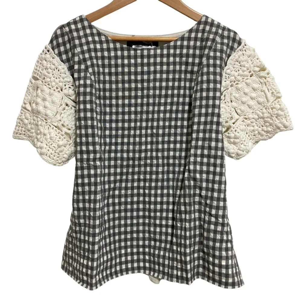 AD2017 tricot COMME des GARCONS トリココムデギャルソン ギンガムチェック レーススリーブブラウス M グレー