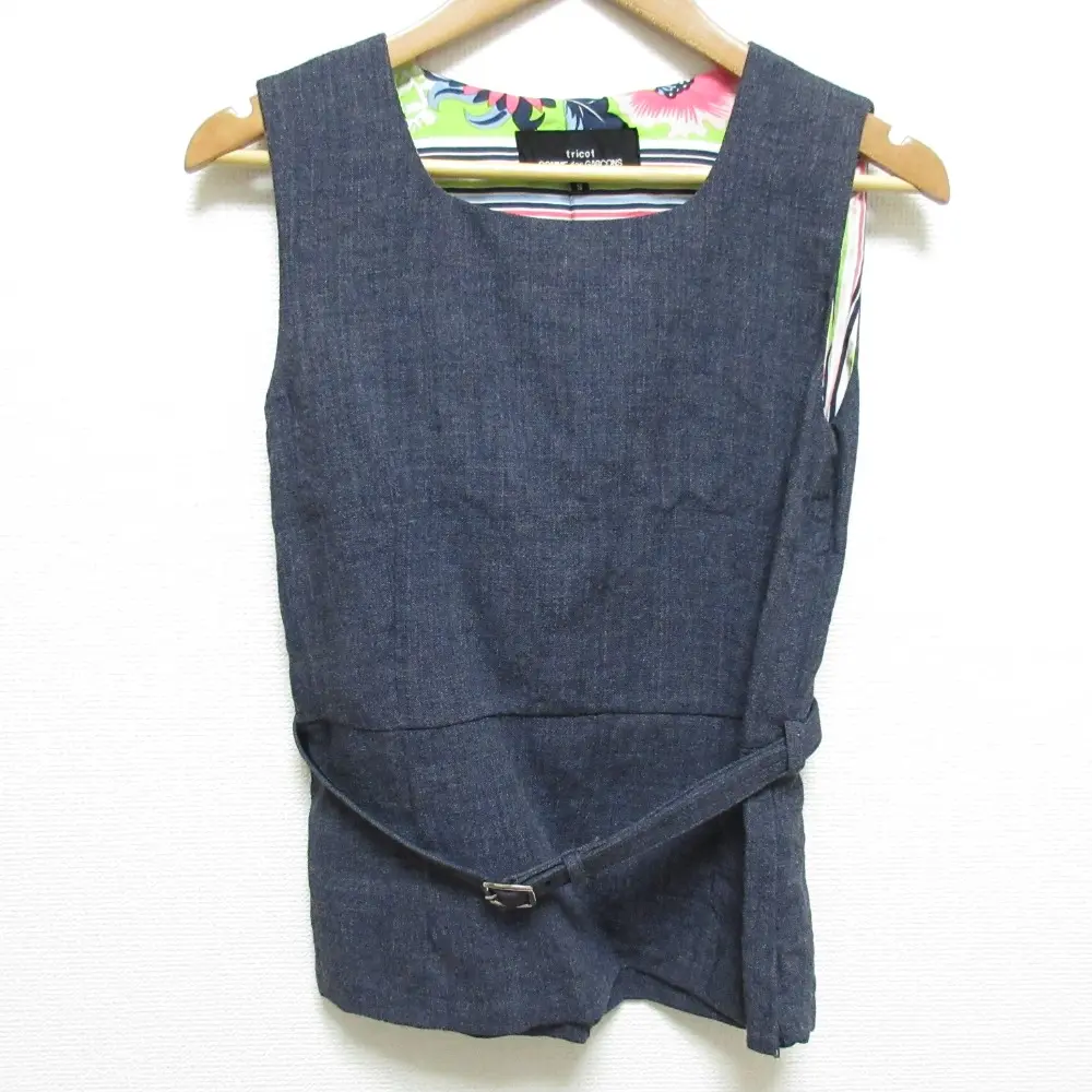 tricot COMME des GARCONS トリココムデギャルソン 00s ウールリネン スリーブレス ベルテッド ブラウス サイズS ネイビー 