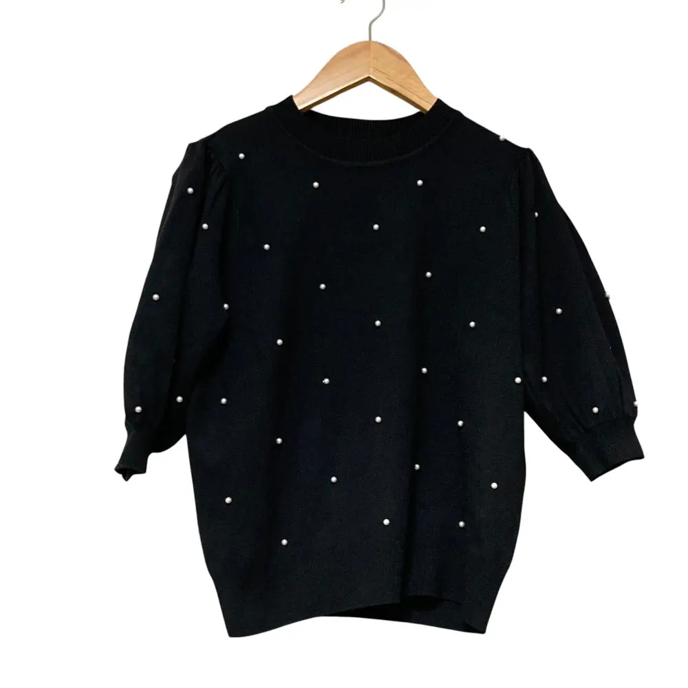 24AW TSURU By MARIKO OIKAWA ツルバイマリコオイカワ パール ハーフスリーブ ニット プルオーバー セーター F ブラック