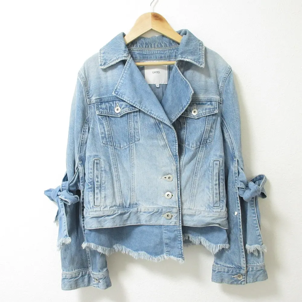 UN3D. アンスリード 袖リボン レイヤード デニムライダースジャケット Gジャン ブルゾン 38 ライトブルー
