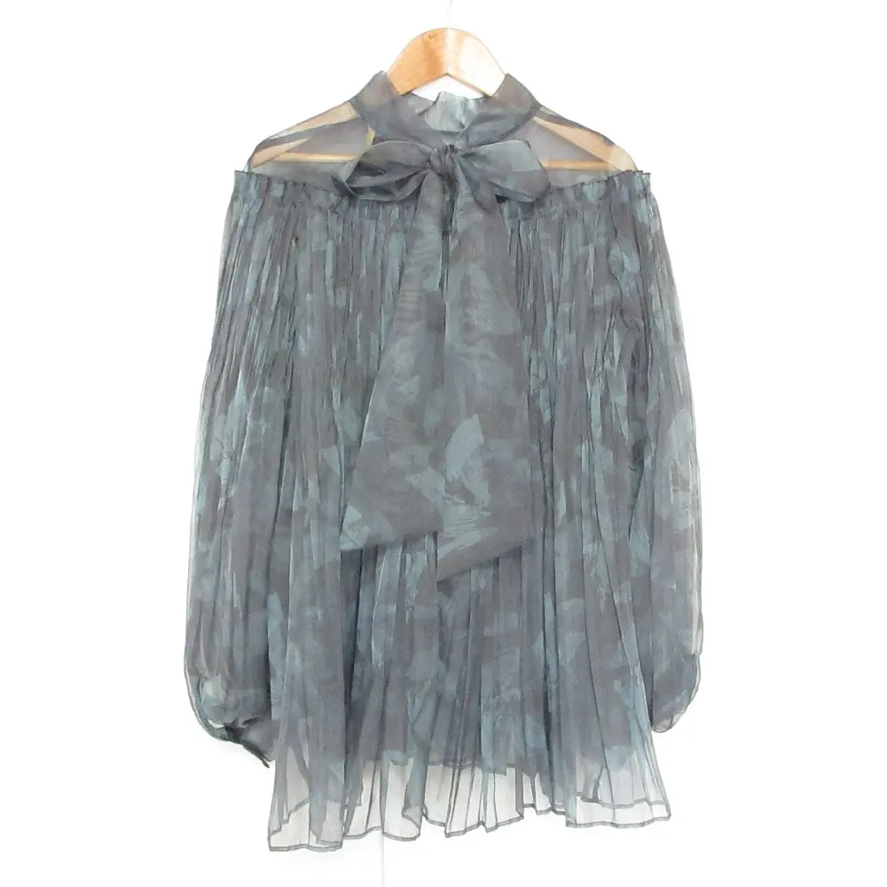 23AW UNITED ARROWS ユナイテッドアローズ 長袖 オーガンジー シアープリーツブラウス 38 ブルー グレー