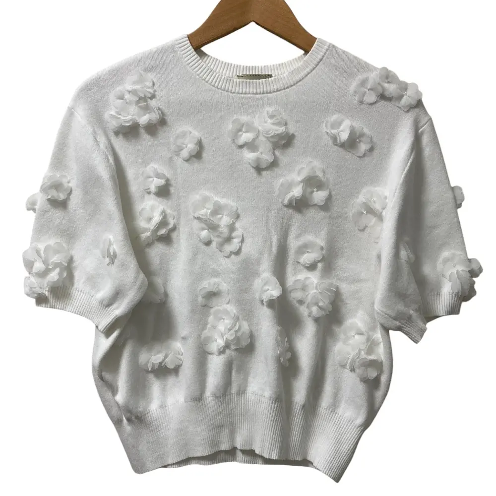 24SS UNITED ARROWS ユナイテッドアローズ 3Dフラワーモチーフショートスリーブニット サイズF ホワイト