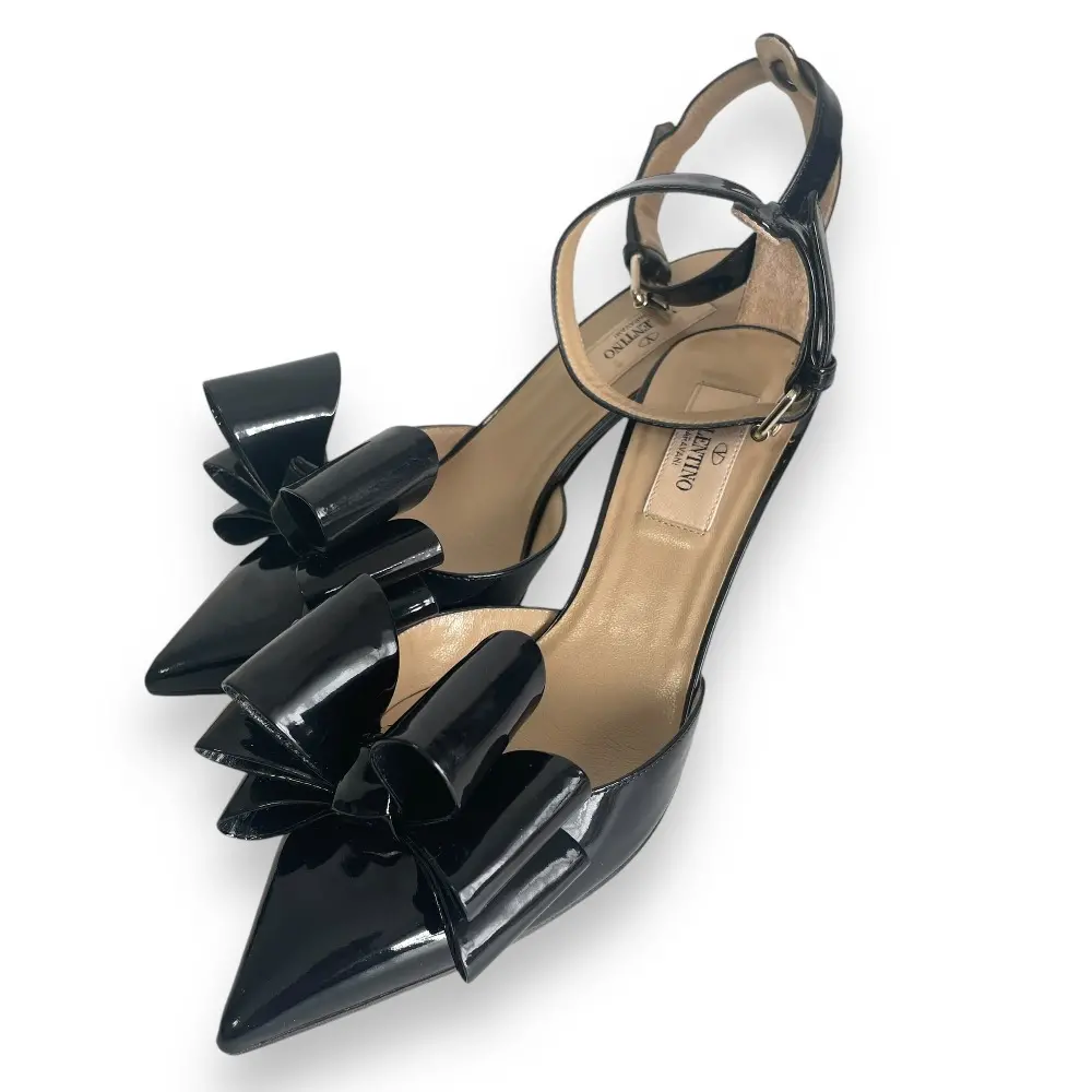 VALENTINO GARAVANI ヴァレンティノ パテントレザー リボン ポインテッドトゥ ミュール パンプス 37 24cm相当 ダークネイビー