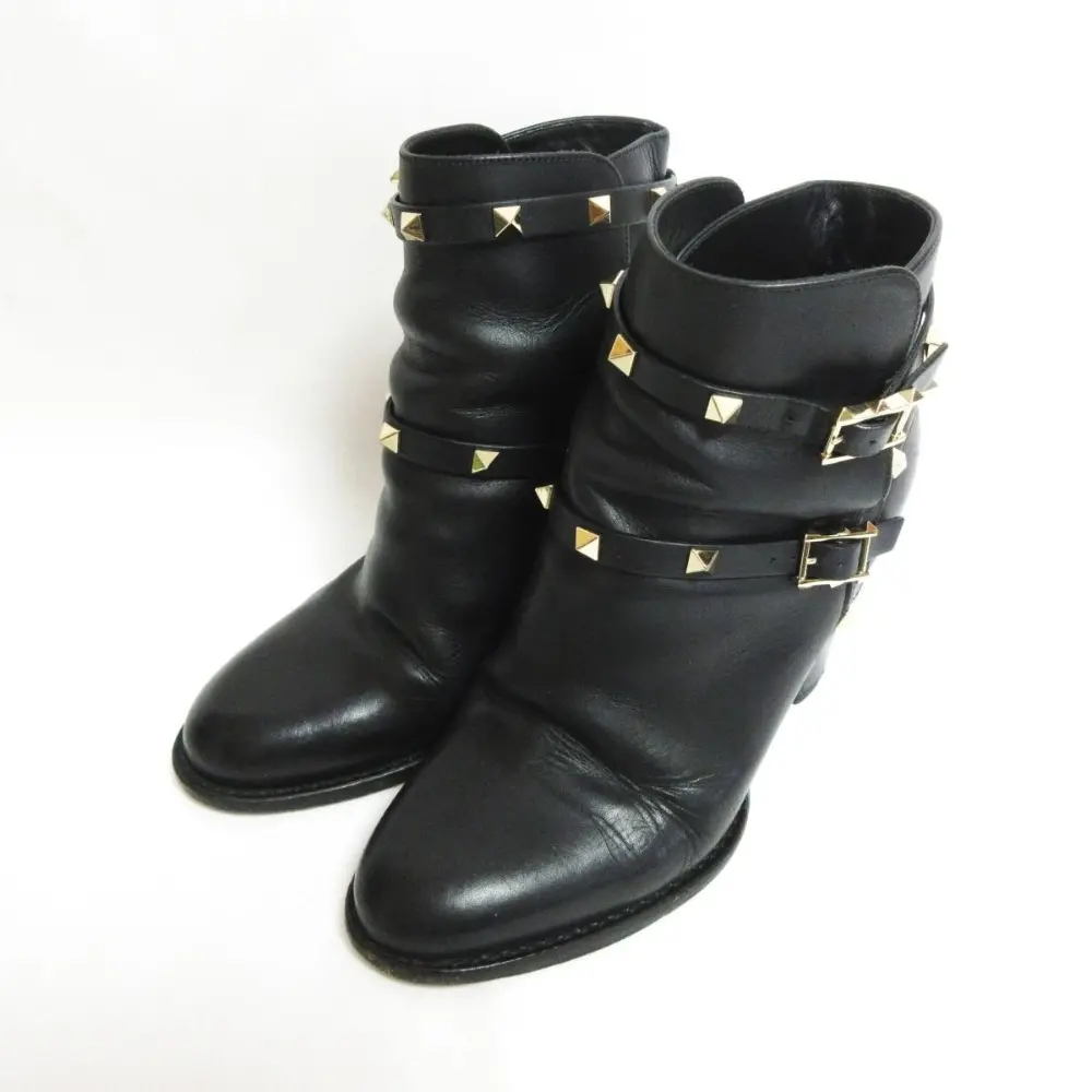 VALENTINO GARAVANI ヴァレンティノガラヴァーニ レザー ロックスタッズ ショートブーツ サイズ37 約23.5cm ブラック