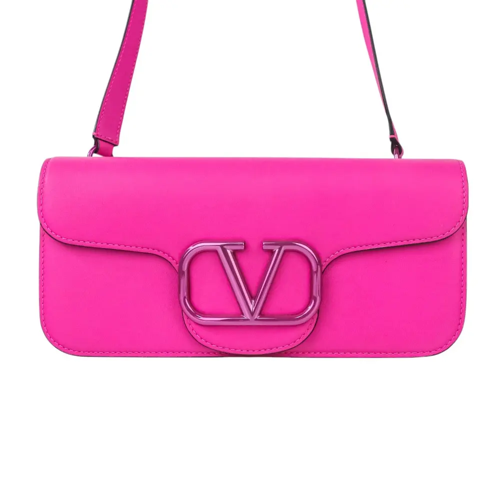 ヴァレンティノ ガラヴァーニ ロゴ カーフスキンレザー メタリックVロゴ シグネチャーディテール クロスボディバッグ ピンク