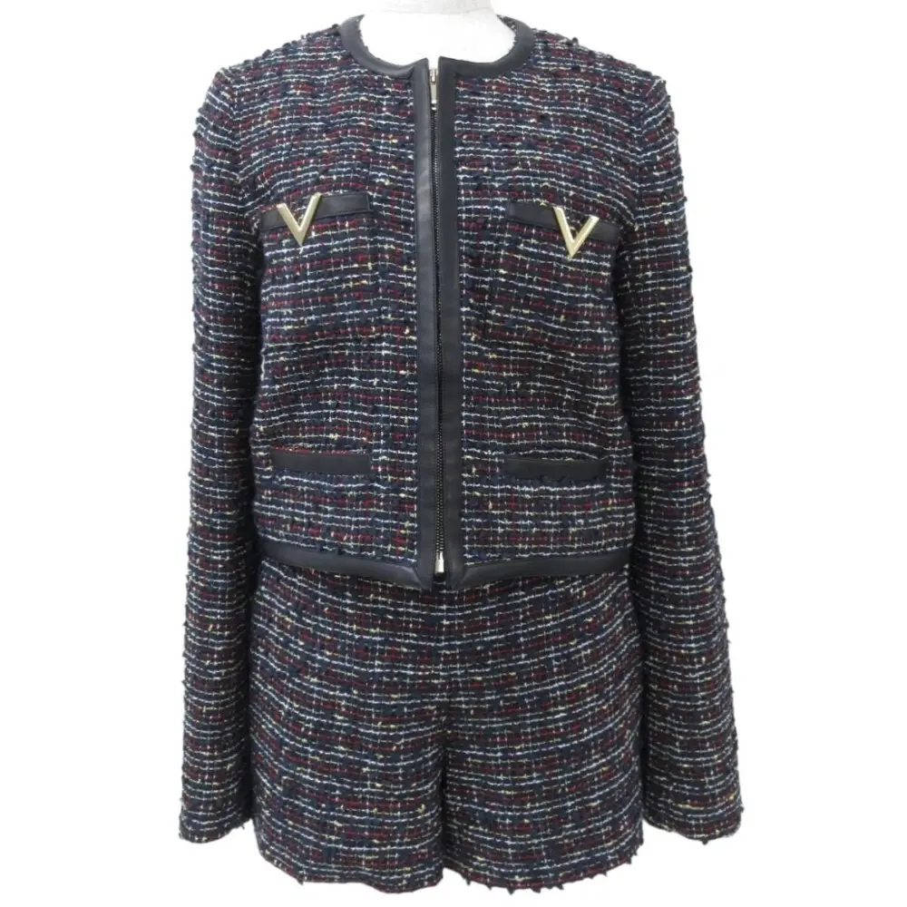 22-23AW VALENTINO ヴァレンティノ V金具 ツイード ノーカラージャケット＋ショートパンツ セットアップ 36/38 ネイビー系