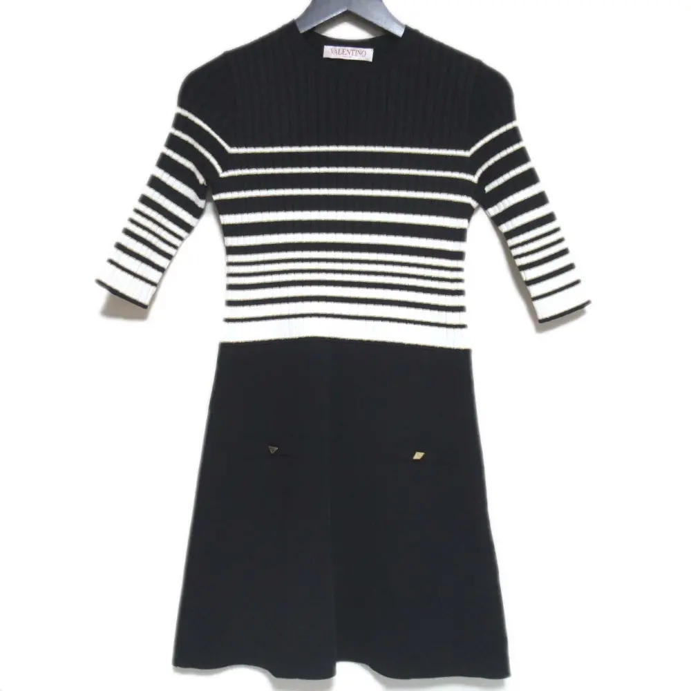 23AW VALENTINO ヴァレンティノ ボーダー柄 五分袖 ミニ丈 ニット ドレス ワンピース 3B3KD10Q84C Sサイズ 165/84A ネイビー